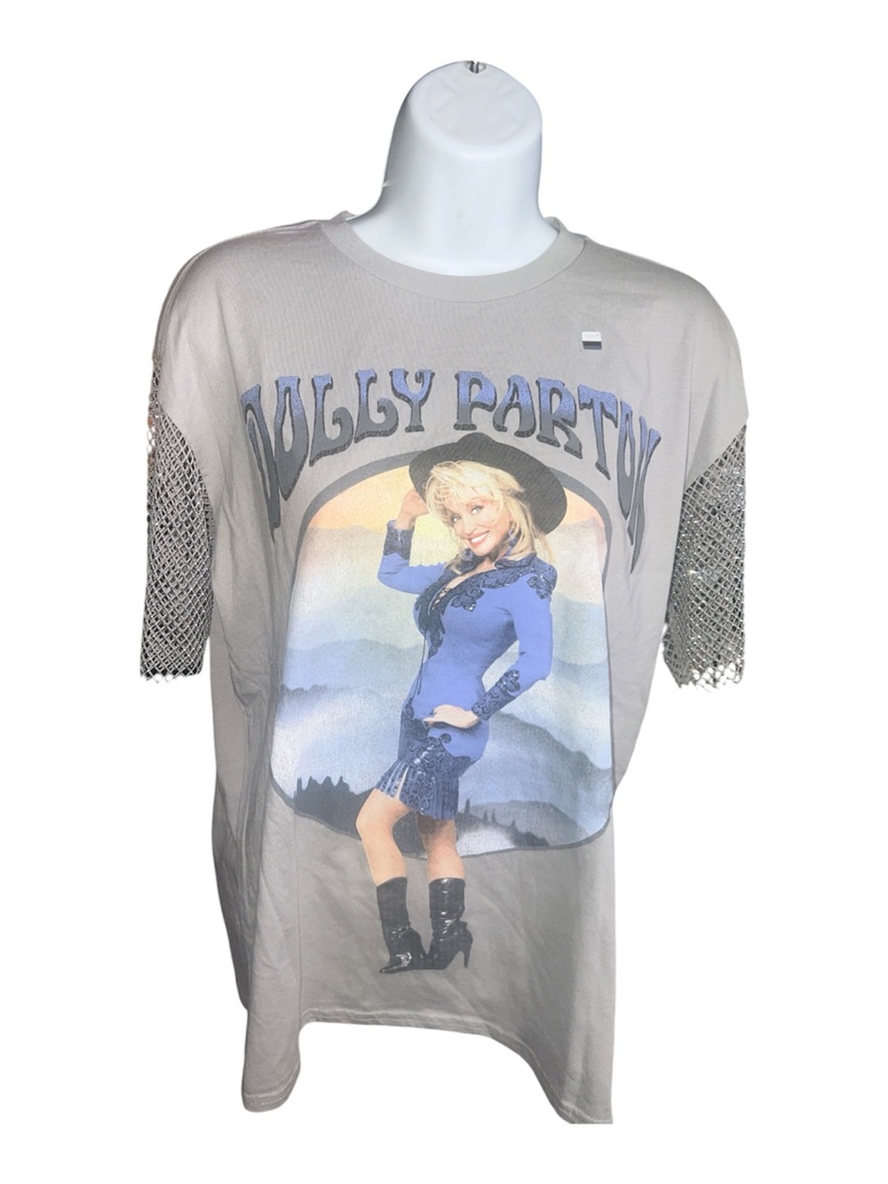 Dolly Parton Rhinestone Mesh Sleeve Graphic T-Shirt – Oversized Small